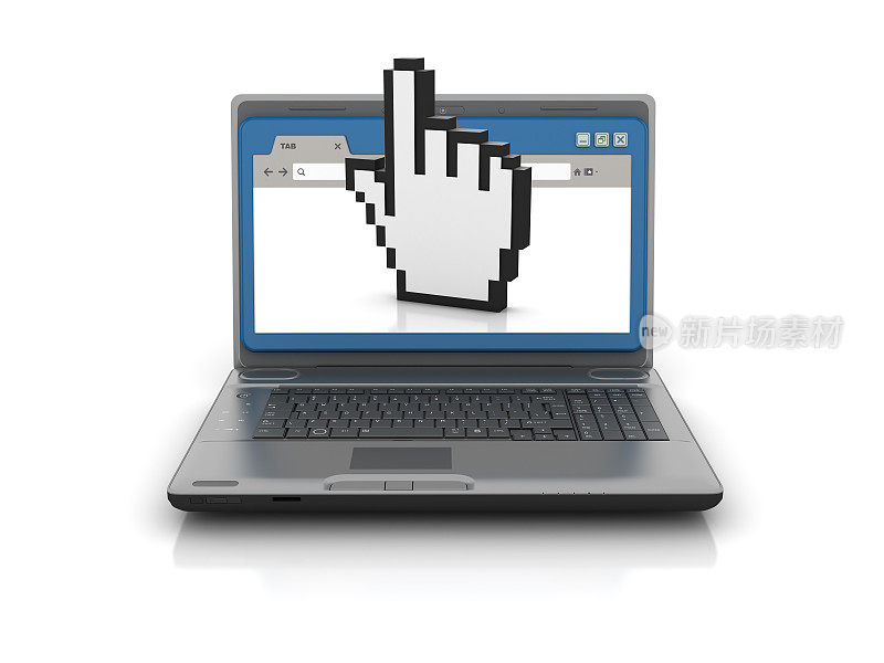 电脑笔记本电脑与网络浏览器和手光标- 3D渲染